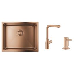 Zestaw Grohe K700U zlewozmywak stalowy Brushed Warm Sunset z baterią kuchenną Essence i dozownikiem płynów Cosmopolitan (31574DL1, 30270DL0, 40535DL0)