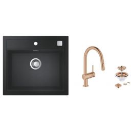 Zestaw Grohe K700 zlewozmywak granitowy czarny z baterią kuchenną Minta Brushed Warm Sunset i zestawem odpływowym (31651AP0, 32321DL2, 40400DL0)