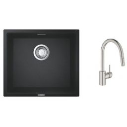 Zestaw Grohe K700 zlewozmywak granitowy czarny z baterią kuchenną Concetto stal  (31653AP0, 31483DC2)