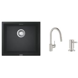 Zestaw Grohe K700 zlewozmywak granitowy czarny z baterią kuchenną Concetto stal i dozownikiem płynów  (31653AP0, 31483DC2, 40535DC0)