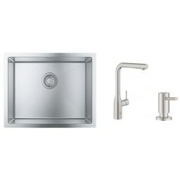 Zestaw Grohe K700 zlewozmywak stalowy z baterią kuchenną Essence stal i dozownikiem Cosmopolitan (31726SD0, 30270DC0, 40535DC0)