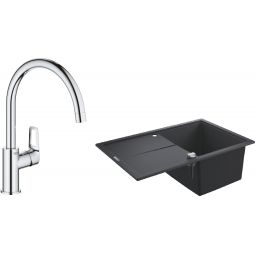 Zestaw Grohe K400 zlewozmywak 78x50 cm czarny granit z baterią kuchenną BauLoop chrom (31639AP0, 31368001)