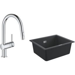 Zestaw Grohe K700 zlewozmywak 53,3x45,7 cm czarny granit z baterią kuchenną Minta chrom (31654AP0, 32321002)