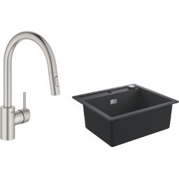 Zestaw Grohe K700 zlewozmywak 56x51 cm czarny granit z baterią kuchenną Concetto stal (31651AP0, 31483DC2)