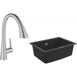 Zestaw Grohe K700 zlewozmywak 61x46 cm czarny granit z baterią kuchenną Zedra stal (31655AP0, 32294DC2)