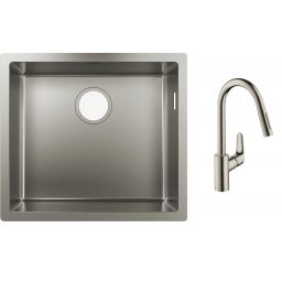 Zestaw Hansgrohe S71 S719-U500 zlewozmywak 50,2x40 cm podblatowy stal szlachetna z baterią kuchenną Hansgrohe Focus M41 stojącą stalową (43427800 , 31815800