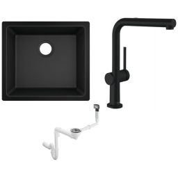Zestaw Hansgrohe S510-U450 zlewozmywak granitowy czarny z baterią kuchenną Talis i syfon (43431170, 72809670, 43927000)