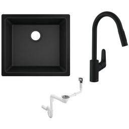 Zestaw Hansgrohe S510-U450 zlewozmywak granitowy czarny z baterią kuchenną i syfon (43431170, 31815670, 43927000)