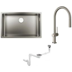 Zestaw Hansgrohe S71 S719-U660 zlewozmywak z baterią Tais M54 stal i syfon (43428800, 72803800, 43921800)