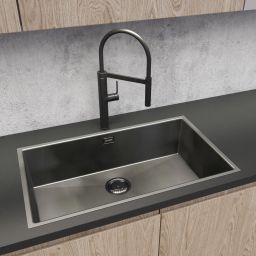 Zestaw Oltens Stalvask zlewozmywak stalowy 76x44 cm z baterią kuchenną Borga czarny/czarny mat (71102300, 35207300)