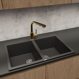 Zestaw Oltens Gravan zlewozmywak granitowy 2-komorowy 78x50 cm z baterią kuchenną Myvat czarny mat/złoty połysk (72400300, 35205800)