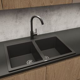 Zestaw Oltens Gravan zlewozmywak granitowy 2-komorowy 78x50 cm z baterią kuchenną Skafta czarny mat (72400300, 35206300)