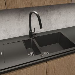 Zestaw Oltens Gravan zlewozmywak granitowy 1,5-komorowy 100x50 cm z baterią kuchenną Litla czarny mat (72300300, 35204300)