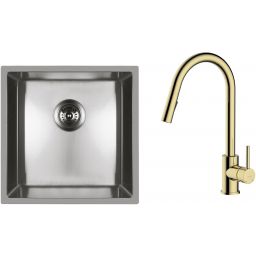 Zestaw Oltens Stalvask zlewozmywak stalowy 44x44 cm z baterią kuchenną Litla stal polerowana/złoty połysk (71100100, 35204800)