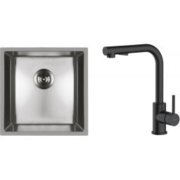 Zestaw Oltens Stalvask zlewozmywak stalowy 44x44 cm z baterią kuchenną Myvat stal polerowana/czarny mat (71100100, 35205300)