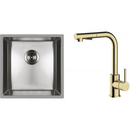 Zestaw Oltens Stalvask zlewozmywak stalowy 44x44 cm z baterią kuchenną Myvat stal polerowana/złoty połysk (71100100, 35205800)