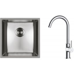 Zestaw Oltens Stalvask zlewozmywak stalowy 44x44 cm z baterią kuchenną Skafta stal polerowana/chrom (71100100, 35206100)