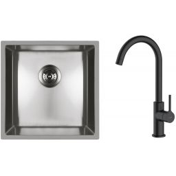 Zestaw Oltens Stalvask zlewozmywak stalowy 44x44 cm z baterią kuchenną Skafta stal polerowana/czarny mat (71100100, 35206300)