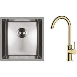 Zestaw Oltens Stalvask zlewozmywak stalowy 44x44 cm z baterią kuchenną Skafta stal polerowana/złoty połysk (71100100, 35206800)