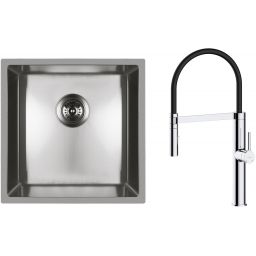 Zestaw Oltens Stalvask zlewozmywak stalowy 44x44 cm z baterią kuchenną Borga stal polerowana/chrom/czarny (71100100, 35207100)