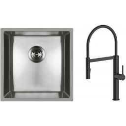 Zestaw Oltens Stalvask zlewozmywak stalowy 44x44 cm z baterią kuchenną Borga stal polerowana/czarny mat (71100100, 35207300)