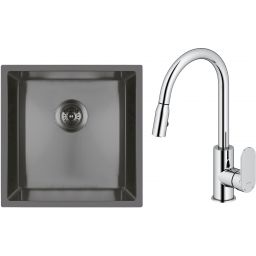 Zestaw Oltens Stalvask zlewozmywak stalowy 44x44 cm z baterią kuchenną Lista czarny/chrom (71100300, 35202100)