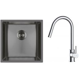 Zestaw Oltens Stalvask zlewozmywak stalowy 44x44 cm z baterią kuchenną Litla czarny/chrom (71100300, 35204100)