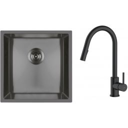 Zestaw Oltens Stalvask zlewozmywak stalowy 44x44 cm z baterią kuchenną Litla czarny/czarny mat (71100300, 35204300)