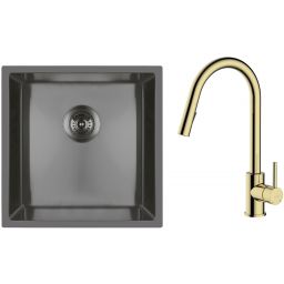 Zestaw Oltens Stalvask zlewozmywak stalowy 44x44 cm z baterią kuchenną Litla czarny/złoty połysk (71100300, 35204800)