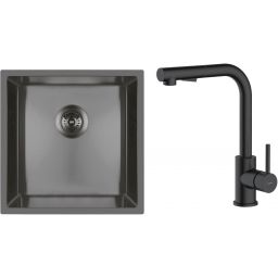 Zestaw Oltens Stalvask zlewozmywak stalowy 44x44 cm z baterią kuchenną Myvat czarny/czarny mat (71100300, 35205300)