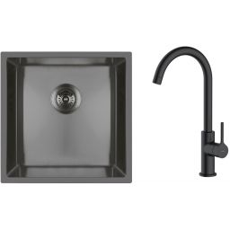 Zestaw Oltens Stalvask zlewozmywak stalowy 44x44 cm z baterią kuchenną Skafta czarny/czarny mat (71100300, 35206300)
