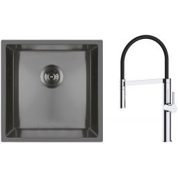 Zestaw Oltens Stalvask zlewozmywak stalowy 44x44 cm z baterią kuchenną Borga czarny/chrom (71100300, 35207100)