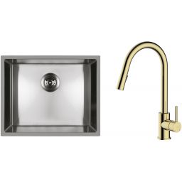 Zestaw Oltens Stalvask zlewozmywak stalowy 54x44 cm z baterią kuchenną Litla stal polerowana/złoty połysk (71101100, 35204800)