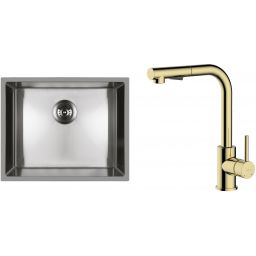 Zestaw Oltens Stalvask zlewozmywak stalowy 54x44 cm z baterią kuchenną Myvat stal polerowana/złoty połysk (71101100, 35205800)