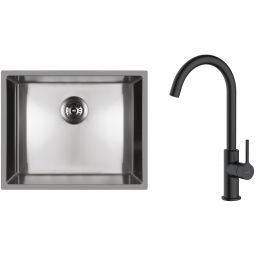 Zestaw Oltens Stalvask zlewozmywak stalowy 54x44 cm z baterią kuchenną Skafta stal polerowana/czarny mat (71101100, 35206300)