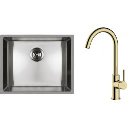 Zestaw Oltens Stalvask zlewozmywak stalowy 54x44 cm z baterią kuchenną Skafta stal polerowana/złoty połysk (71101100, 35206800)