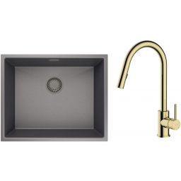 Zestaw Oltens Stalvask zlewozmywak stalowy 54x44 cm z baterią kuchenną Litla czarny/złoty połysk (71101300, 35204800)