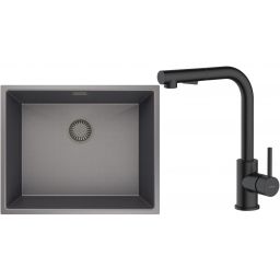 Zestaw Oltens Stalvask zlewozmywak stalowy 54x44 cm z baterią kuchenną Myvat czarny/czarny mat (71101300, 35205300)