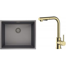 Zestaw Oltens Stalvask zlewozmywak stalowy 54x44 cm z baterią kuchenną Myvat czarny/złoty połysk (71101300, 35205800)