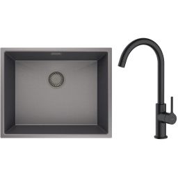 Zestaw Oltens Stalvask zlewozmywak stalowy 54x44 cm z baterią kuchenną Skafta czarny/czarny mat (71101300, 35206300)