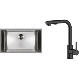 Zestaw Oltens Stalvask zlewozmywak stalowy 76x44 cm z baterią kuchenną Myvat stal polerowana/czarny mat (71102100, 35205300)