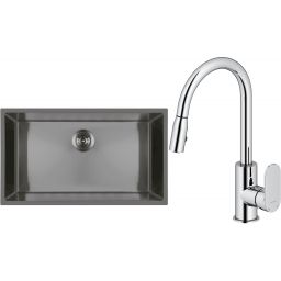 Zestaw Oltens Stalvask zlewozmywak stalowy 76x44 cm z baterią kuchenną Lista czarny/chrom (71102300, 35202100)