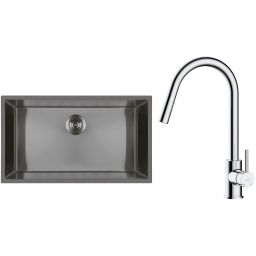 Zestaw Oltens Stalvask zlewozmywak stalowy 76x44 cm z baterią kuchenną Litla czarny/chrom (71102300, 35204100)