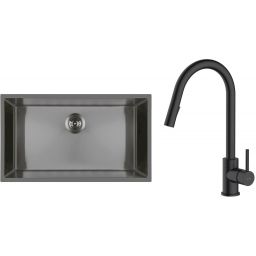 Zestaw Oltens Stalvask zlewozmywak stalowy 76x44 cm z baterią kuchenną Litla czarny/czarny mat (71102300, 35204300)