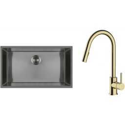 Zestaw Oltens Stalvask zlewozmywak stalowy 76x44 cm z baterią kuchenną Litla czarny/złoty połysk (71102300, 35204800)