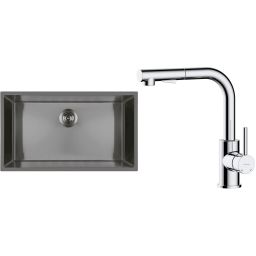 Zestaw Oltens Stalvask zlewozmywak stalowy 76x44 cm z baterią kuchenną Myvat czarny/chrom (71102300, 35205100)
