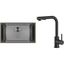 Zestaw Oltens Stalvask zlewozmywak stalowy 76x44 cm z baterią kuchenną Myvat czarny/czarny mat (71102300, 35205300)
