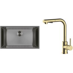 Zestaw Oltens Stalvask zlewozmywak stalowy 76x44 cm z baterią kuchenną Myvat czarny/złoty połysk (71102300, 35205800)