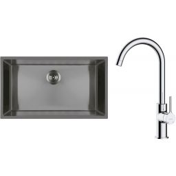 Zestaw Oltens Stalvask zlewozmywak stalowy 76x44 cm z baterią kuchenną Skafta czarny/chrom (71102300, 35206100)