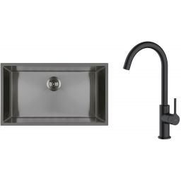 Zestaw Oltens Stalvask zlewozmywak stalowy 76x44 cm z baterią kuchenną Skafta czarny/czarny mat (71102300, 35206300)